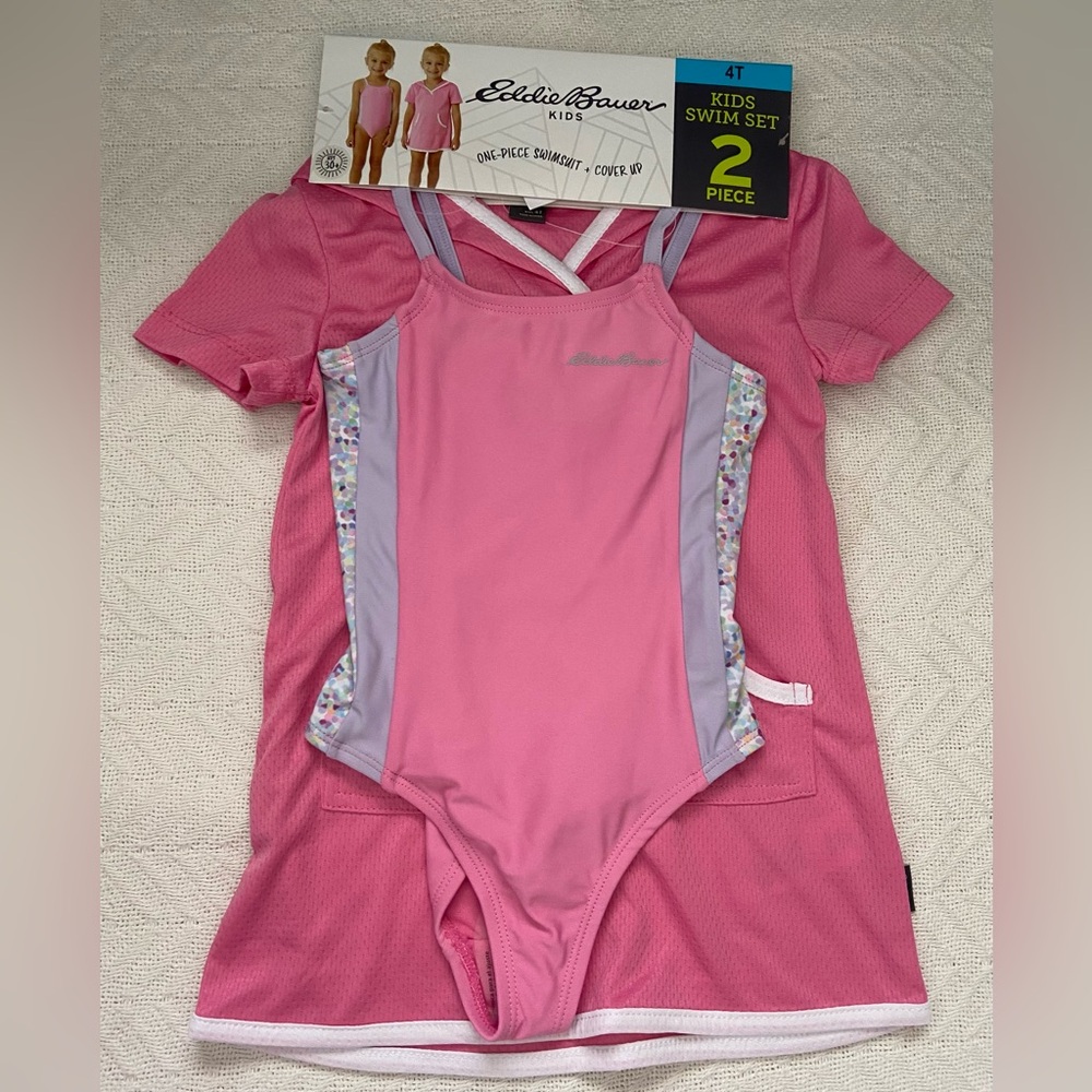 Eddie Bauer Little Girls 2 Piece Swim Set One Piece Swimsuit & Cover Up - PINK